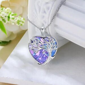 Elegant Tree of Life Heart Pendant Necklace with Purple Glass Inlay